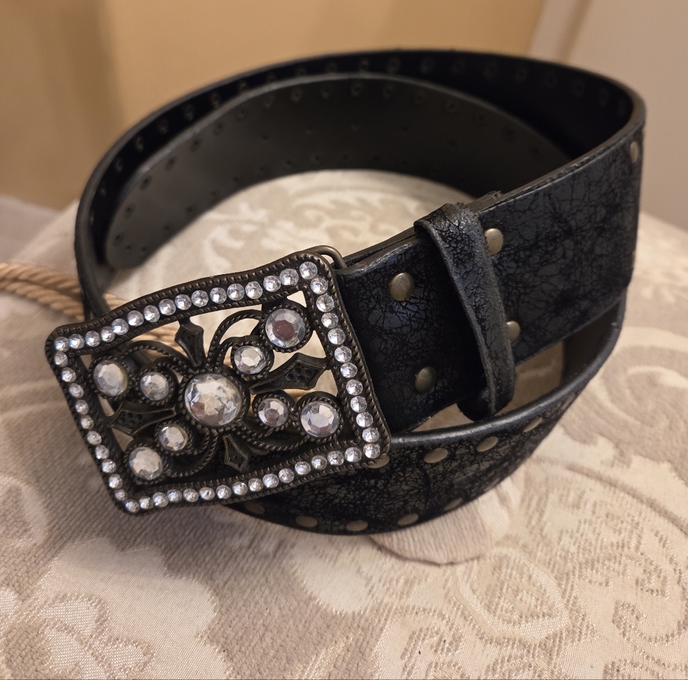 Elegant Black Belt with Crystal Buckle